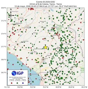 Mapa sísmico del sismo de magnitud 4.6 a 24 km al N de Calana, Tacna - Tacna, Perú