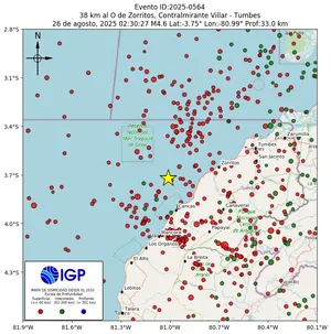Mapa sísmico del sismo de magnitud 4.6 a 38 km al O de Zorritos, Contralmirante Villar - Tumbes, Perú