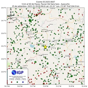 Mapa sísmico del sismo de magnitud 4.6 a 5 km al SO de Pausa, Paucar Del Sara Sara - Ayacucho, Perú
