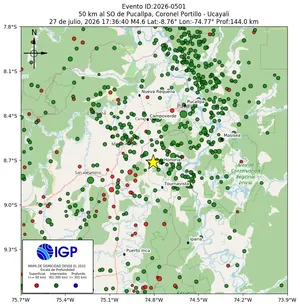 Mapa sísmico del sismo de magnitud 4.6 a 50 km al SO de Pucallpa, Coronel Portillo - Ucayali, Perú