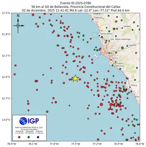 Mapa sísmico del sismo de magnitud 4.6 a 56 km al SO de Bellavista, Provincia Constitucional del Callao, Perú