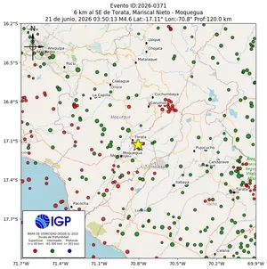 Mapa sísmico del sismo de magnitud 4.6 a 6 km al SE de Torata, Mariscal Nieto - Moquegua, Perú