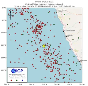 Mapa sísmico del sismo de magnitud 4.6 a 65 km al SO de Huarmey, Huarmey - Áncash, Perú