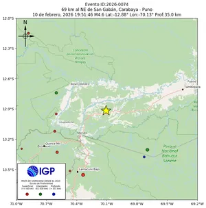 Mapa sísmico del sismo de magnitud 4.6 a 69 km al NE de San Gabán, Carabaya - Puno, Perú