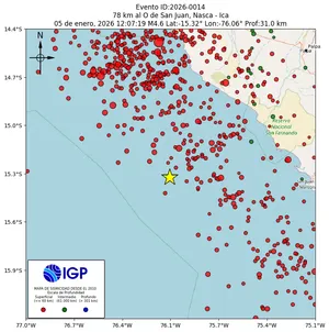 Mapa sísmico del sismo de magnitud 4.6 a 78 km al O de San Juan, Nasca - Ica, Perú