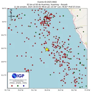 Mapa sísmico del sismo de magnitud 4.6 a 91 km al SO de Huarmey, Huarmey - Áncash, Perú