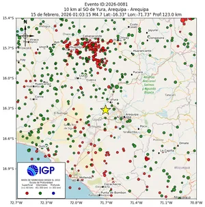 Mapa sísmico del sismo de magnitud 4.7 a 10 km al SO de Yura, Arequipa - Arequipa, Perú