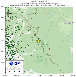 Mapa sísmico del sismo de magnitud 4.7 a 101 km al E de Pucallpa, Coronel Portillo - Ucayali, Perú