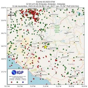 Mapa sísmico del sismo de magnitud 4.7 a 12 km al S de Arequipa, Arequipa - Arequipa, Perú