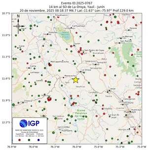 Mapa sísmico del sismo de magnitud 4.7 a 14 km al SO de La Oroya, Yauli - Junín, Perú
