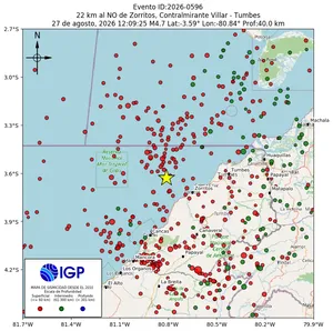 Mapa sísmico del sismo de magnitud 4.7 a 22 km al NO de Zorritos, Contralmirante Villar - Tumbes, Perú