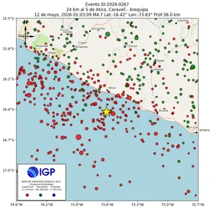 Mapa sísmico del sismo de magnitud 4.7 a 24 km al S de Atico, Caravelí - Arequipa, Perú