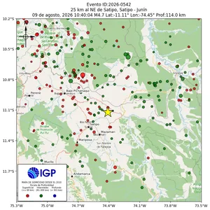 Mapa sísmico del sismo de magnitud 4.7 a 25 km al NE de Satipo, Satipo - Junín, Perú