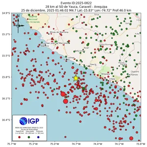 Mapa sísmico del sismo de magnitud 4.7 a 28 km al SO de Yauca, Caravelí - Arequipa, Perú