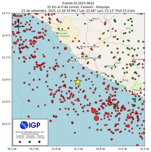 Mapa sísmico del sismo de magnitud 4.7 a 32 km al O de Lomas, Caraveli - Arequipa, Perú
