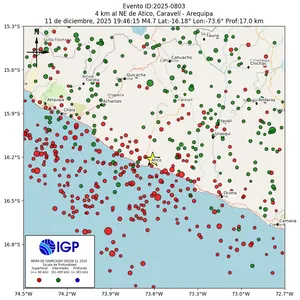 Mapa sísmico del sismo de magnitud 4.7 a 4 km al NE de Atico, Caravelí - Arequipa, Perú