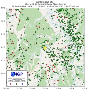 Mapa sísmico del sismo de magnitud 4.7 a 5 km al NE de Curimaná, Padre Abad - Ucayali, Perú