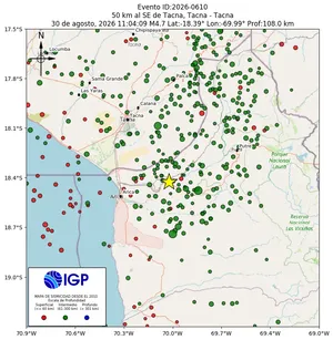 Mapa sísmico del sismo de magnitud 4.7 a 50 km al SE de Tacna, Tacna - Tacna, Perú