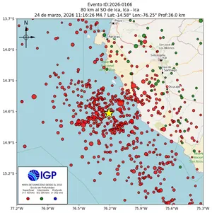 Mapa sísmico del sismo de magnitud 4.7 a 80 km al SO de Ica, Ica - Ica, Perú