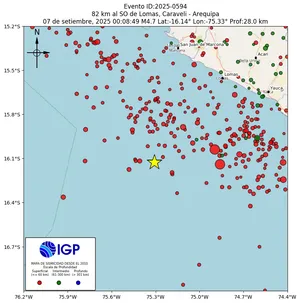 Mapa sísmico del sismo de magnitud 4.7 a 82 km al SO de Lomas, Caraveli - Arequipa, Perú