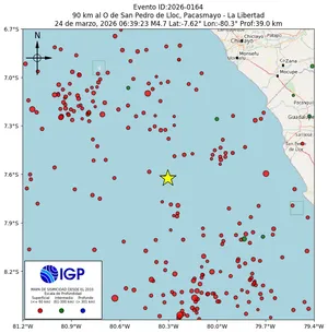Mapa sísmico del sismo de magnitud 4.7 a 90 km al O de San Pedro de Lloc, Pacasmayo - La Libertad, Perú