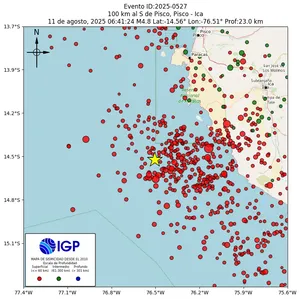 Mapa sísmico del sismo de magnitud 4.8 a 100 km al S de Pisco, Pisco - Ica, Perú