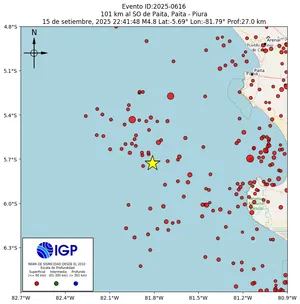 Mapa sísmico del sismo de magnitud 4.8 a 101 km al SO de Paita, Paita - Piura, Perú