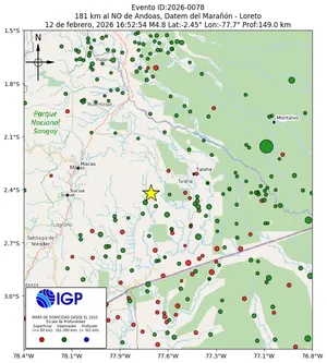 Mapa sísmico del sismo de magnitud 4.8 a 181 km al NO de Andoas, Datem del Marañón - Loreto, Perú