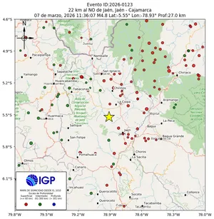 Mapa sísmico del sismo de magnitud 4.8 a 22 km al NO de Jaén, Jaén - Cajamarca, Perú