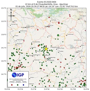Mapa sísmico del sismo de magnitud 4.8 a 22 km al O de Chuquibambilla, Grau - Apurímac, Perú