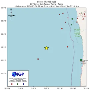 Mapa sísmico del sismo de magnitud 4.8 a 227 km al S de Tacna, Tacna - Tacna, Perú