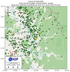 Mapa sísmico del sismo de magnitud 4.8 a 24 km al E de Pucallpa, Coronel Portillo - Ucayali, Perú