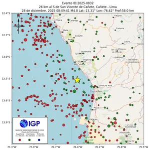Mapa sísmico del sismo de magnitud 4.8 a 26 km al S de San Vicente de Cañete, Cañete - Lima, Perú