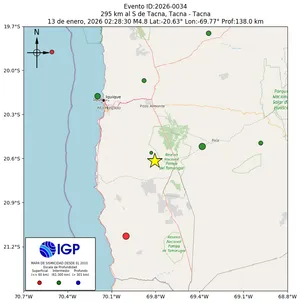 Mapa sísmico del sismo de magnitud 4.8 a 295 km al S de Tacna, Tacna - Tacna, Perú