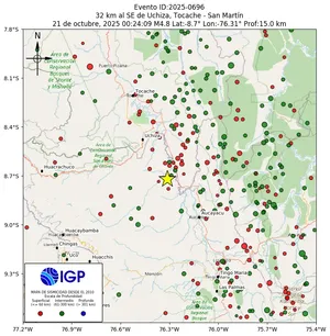 Mapa sísmico del sismo de magnitud 4.8 a 32 km al SE de Uchiza, Tocache - San Martín, Perú