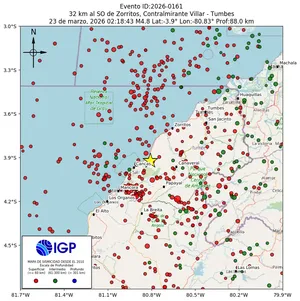 Mapa sísmico del sismo de magnitud 4.8 a 32 km al SO de Zorritos, Contralmirante Villar - Tumbes, Perú