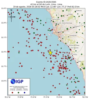 Mapa sísmico del sismo de magnitud 4.8 a 42 km al SO de Lurín, Lima - Lima, Perú