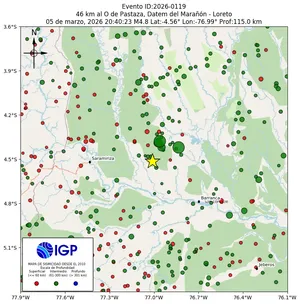 Mapa sísmico del sismo de magnitud 4.8 a 46 km al O de Pastaza, Datem del Marañón - Loreto, Perú