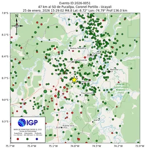 Mapa sísmico del sismo de magnitud 4.8 a 47 km al SO de Pucallpa, Coronel Portillo - Ucayali, Perú