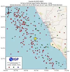 Mapa sísmico del sismo de magnitud 4.8 a 52 km al SO de Supe Puerto, Barranca - Lima, Perú
