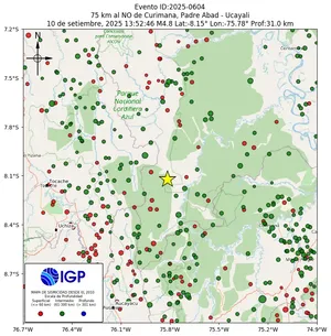 Mapa sísmico del sismo de magnitud 4.8 a 75 km al NO de Curimana, Padre Abad - Ucayali, Perú
