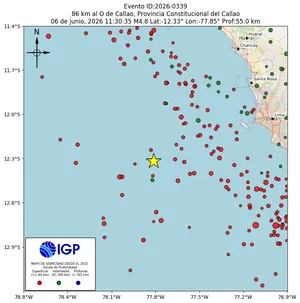 Mapa sísmico del sismo de magnitud 4.8 a 86 km al O de Callao, Provincia Constitucional del Callao, Perú
