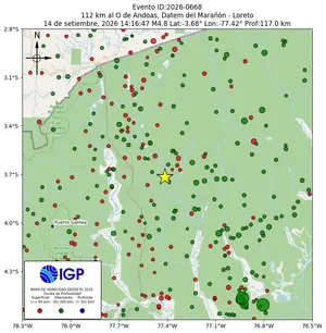 Mapa sísmico del sismo de magnitud 4.8 a 112 km al O de Andoas, Datem del Marañón - Loreto, Perú