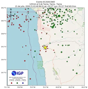 Mapa sísmico del sismo de magnitud 4.9 a 129 km al S de Tacna, Tacna - Tacna, Perú