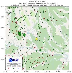 Mapa sísmico del sismo de magnitud 4.9 a 15 km al NE de Pastaza, Datem del Marañón - Loreto, Perú