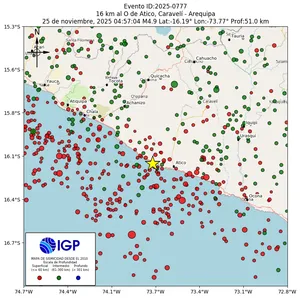 Mapa sísmico del sismo de magnitud 4.9 a 16 km al O de Atico, Caravelí - Arequipa, Perú