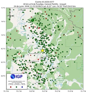 Mapa sísmico del sismo de magnitud 4.9 a 18 km al N de Pucallpa, Coronel Portillo - Ucayali, Perú
