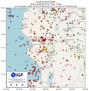Mapa sísmico del sismo de magnitud 4.9 a 19 km al NO de Piura, Piura - Piura, Perú