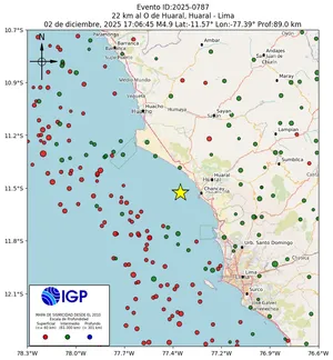 Mapa sísmico del sismo de magnitud 4.9 a 22 km al O de Huaral, Huaral - Lima, Perú
