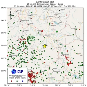 Mapa sísmico del sismo de magnitud 4.9 a 25 km al S de Coporaque, Espinar - Cusco, Perú